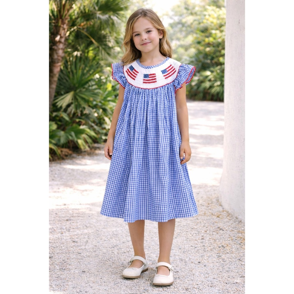 PLEATS & STITCHES Kids Girls Smocked Dress 5 USA‎ Flags Check Blue 100% HANDMADE